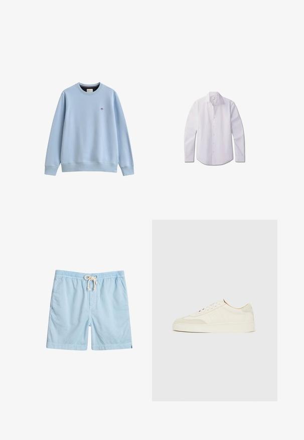 Sudadera azul claro con cuello redondo, puños y bajo acanalados, con un pequeño logo bordado en el lado izquierdo del pecho.; Camisa blanca de manga larga con botones, confeccionada en tela lisa, con cuello clásico, tapeta frontal con botones y dobladillo redondeado.; Bañador azul claro de tejido suave, con cintura elástica, bolsillos frontales y cordón de ajuste para mayor comodidad.; Zapatillas de ante blanco con acabado liso, puntera redonda, diseño plano con cordones y detalles texturizados contrastantes. Presentan un detalle de logo sutil.