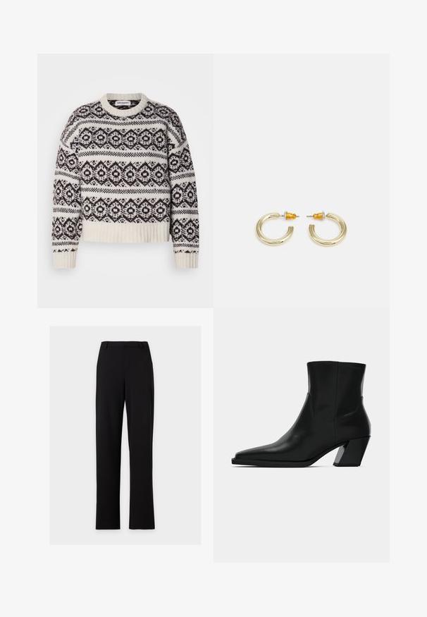 Suéter de punto en crema y marrón oscuro. Presenta un patrón geométrico, cuello y dobladillo de canalé, mangas largas y un corte corto.; Pantalones de vestir negros de corte recto con trabillas para cinturón y sin bolsillos visibles, mostrados sobre un fondo gris claro sencillo.; Bota de tobillo de cuero negro con punta afilada, una silueta elegante y un tacón cuadrado grueso. Textura suave con detalles de costura mínimos.; Pendientes de aro en tono dorado con una forma suave y redondeada y un acabado pulido. Presentan acentos naranjas en la parte trasera para un ajuste seguro.