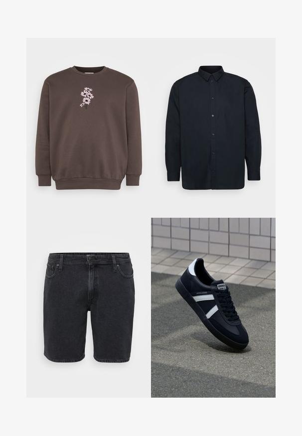 Brun sweatshirt med rund hals og lange ærmer. Har et pink blomsterbroderi design på forsiden, tekstureret stof og ribbede cuffs.; Sort skjorte med knapper lavet af bomuld, med en klassisk krave, lange ærmer og syv frontknapper. Glat tekstur, uden bemærkelsesværdige mønstre.; Sorte denimshorts med et klassisk design, der har en frontknaplukning, bæltestropper og fem-lomme stil. Let falmet tekstur.; Sort lædersneaker med hvide striber, tekstureret gummisål og snørrebånd foran. Har et brandet mærke på tungen.