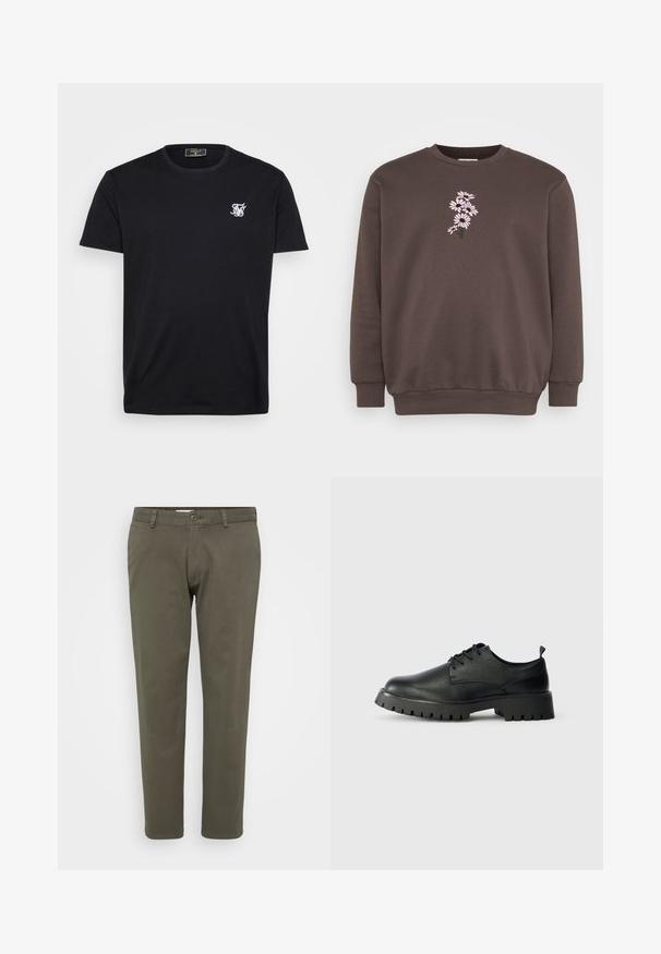 Brun sweatshirt med rund hals og lange ærmer. Har et pink blomsterbroderi design på forsiden, tekstureret stof og ribbede cuffs.; Sort bomulds t-shirt med korte ærmer, rund halsudskæring og et lille hvidt broderet logo på venstre bryst. En simpel og klassisk design.; Olivenfarvede bukser lavet af en bomuldsblanding. Lige ben design med flad front, knaplukning og bæltestropper. Glat tekstur.; Sorte læder snøresko med rund tå, tekstureret overflade og kraftig gummisål med dybe riller for bedre greb.