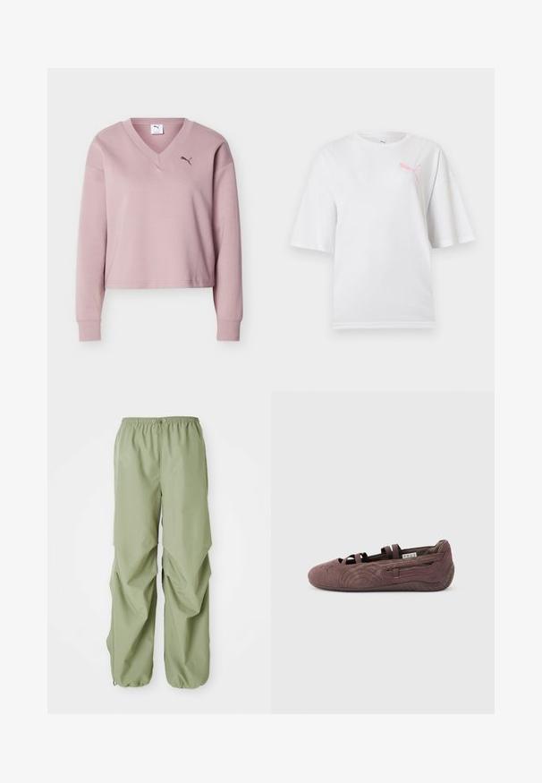 Lyserød Puma-sweatshirt med V-hals og lange ærmer, ribstrikkede manchetter og lille Puma-logo på venstre bryst.; Hvid T-shirt med korte ærmer og rund hals, med en lille pink Puma-logo på venstre bryst.; Lys grønne bukser med elastisk talje og løs pasform, der har sammensnørrede detaljer i siden og manchetter. Lavet af et glat stof.; Brun ruskinds balletsko med elastiske stropper og tekstureret sål, vist i profil mod en ensfarvet lys baggrund.