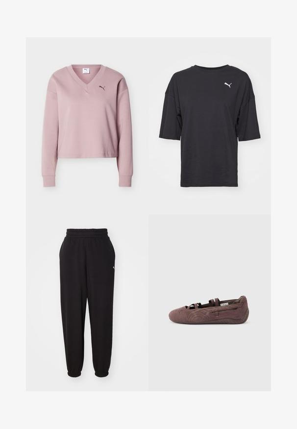 Lichtroze Puma-sweatshirt met V-hals en lange mouwen, voorzien van geribde boorden en een klein Puma-logo op de linkerborst.; Zwarte oversized t-shirt van katoen, met korte mouwen en een ronde halslijn, voorzien van een wit Puma-logo op de linkerborst.; Zwarte sweatpants van zachte stof, met een geribde tailleband en verjongde enkels. Inclusief een klein logoaccent aan de zijkant.; Bruine suède ballerinaschoen met elastische bandjes en een gestructureerde zool, zijwaarts weergegeven op een effen lichte achtergrond.