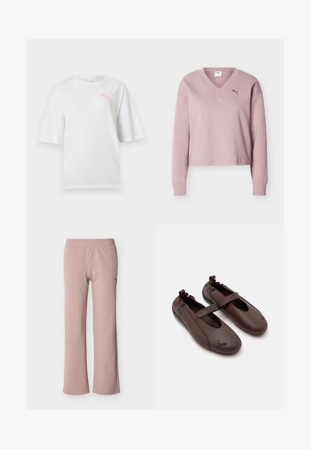 Sweat-shirt Puma rose pâle à manches longues avec encolure en V, poignets côtelés et petit logo Puma sur la poitrine gauche.; T-shirt blanc à manches courtes avec col rond, présentant un petit logo Puma rose sur le côté gauche de la poitrine.; Pantalon de survêtement droit à taille élastique rose clair avec un logo discret sur le haut de la cuisse, présenté sur un fond blanc.; Chaussures style Mary Jane en cuir marron avec dos élastique, une bride sur le cou-de-pied et logo Puma sur les bouts arrondis.