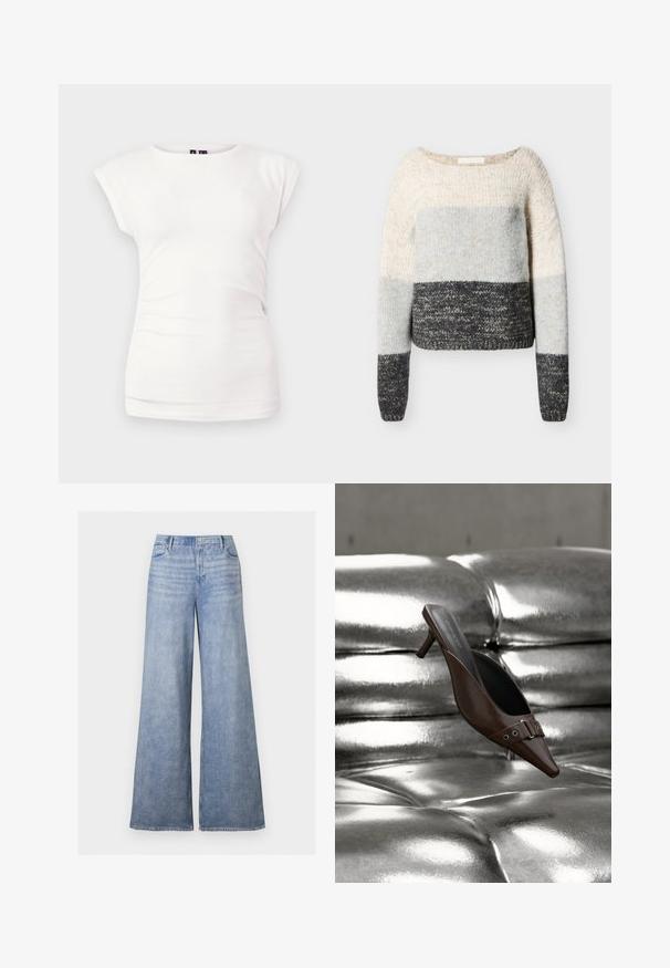 Pull en tricot avec de larges blocs de couleur horizontaux en crème, gris clair et gris foncé, doté de manches longues et d'un col rond.; T-shirt blanc ajusté à manches courtes avec col rond sur fond uni, avec un léger détail froncé sur le côté.; Jean large en denim bleu clair avec taille haute, bouton avant et design cinq poches, présenté sur un fond uni.; Mule à talon brun à bout pointu avec détail boucle flottant au-dessus d'une surface en cuir argenté capitonnée brillante.
