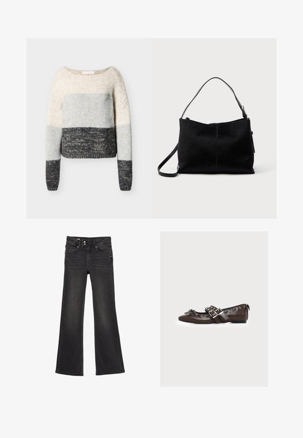 Strikket sweater med brede horisontale farveblokke i creme, lysegrå og mørkegrå, med lange ærmer og rund hals.; Sorte højtaljede flare jeans med dobbelt knaplukning og frontlommer, der viser subtile falmede detaljer på lårene.; Brun læder flad sko med dobbelte sølvspænder, dekorative snørebånd langs kanterne og en lille sløjfe på den spidse tå.; Sort skuldertaske med en glat, tekstureret overflade, prydet med en enkelt rem og en lynlåslukning øverst. Kompakt rektangulær form.