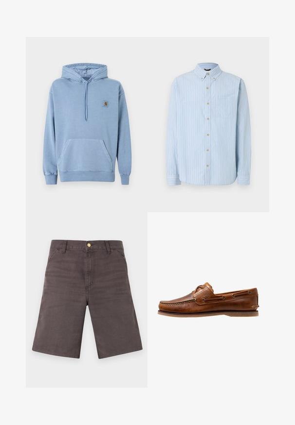 Lichtblauwe Carhartt hoodie met capuchon en trekkoorden, frontzak in kangoeroestijl, geribbelde manchetten en zoom, en een klein bruin logoplaatje op de borst.; Lichtblauw overhemd met lange mouwen en verticale strepen in wit, blauw en beige, geknoopte kraag, borstzak en beige knopen.; Donkergrijze knielange shorts met voorzakken, riemlussen en een metalen knoopsluiting op een lichte achtergrond.; Brown leren botenschoen met gestikte accenten, voorzien van metalen oogjes, een verhoogde naad op de neus en een platte rubberen zool.