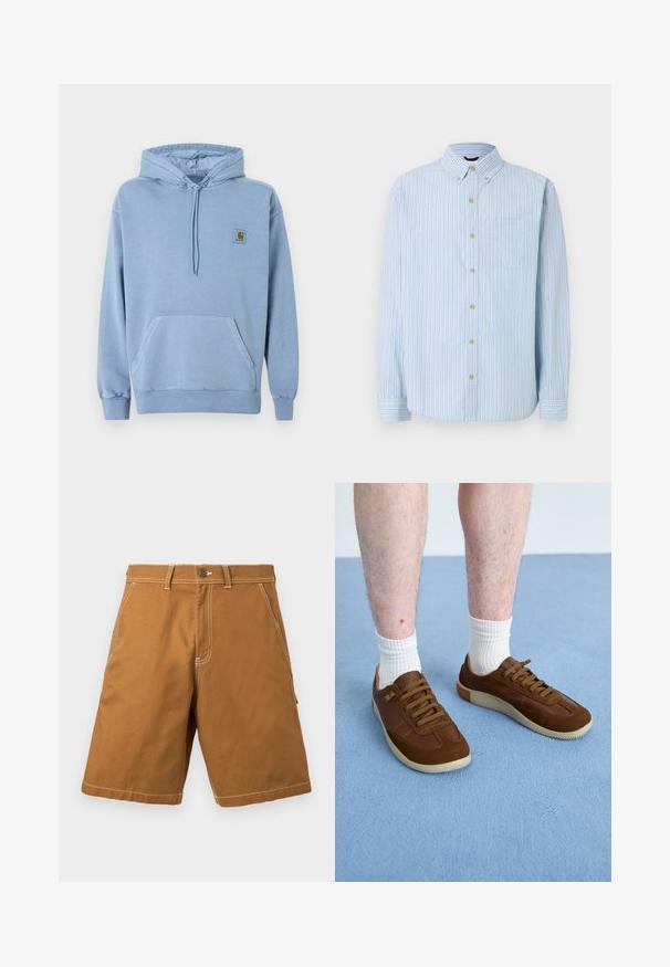 Ανοιχτό μπλε φούτερ Carhartt με κουκούλα και κορδόνι, μπροστινή τσέπη καγκουρό, ριμπ μανσέτες και τελείωμα, και ένα μικρό καφέ λογότυπο στο στήθος.; Ανοιχτό μπλε πουκάμισο με μακριά μανίκια και κουμπιά, με κάθετες λευκές, μπλε και μπεζ ρίγες, γιακά με κουμπιά, τσέπη στο στήθος και μπεζ κουμπιά.; Καφέ σορτς μέχρι το γόνατο με εμπρόσθιες τσέπες, θηλιές για ζώνη, κλείσιμο με κουμπί και ορατές λευκές ραφές σε ανοιχτό φόντο.; Καφέ αθλητικά παπούτσια φτιαγμένα από σουέτ και δέρμα, με καουτσούκ σόλα, στρογγυλό σχήμα και έξι θηλιές με ταιριαστά καφέ κορδόνια.