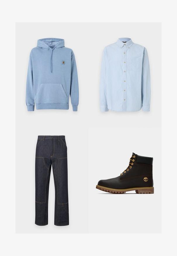 Ανοιχτό μπλε φούτερ Carhartt με κουκούλα και κορδόνι, μπροστινή τσέπη καγκουρό, ριμπ μανσέτες και τελείωμα, και ένα μικρό καφέ λογότυπο στο στήθος.; Ανοιχτό μπλε πουκάμισο με μακριά μανίκια και κουμπιά, με κάθετες λευκές, μπλε και μπεζ ρίγες, γιακά με κουμπιά, τσέπη στο στήθος και μπεζ κουμπιά.; Σκούρα τζιν παντελόνια με άνετη εφαρμογή, με κίτρινη ραφή, μπροστινές τσέπες και χαρακτηριστικό σχέδιο ραφής.; Μαύρη δερμάτινη αστράγαλοι μποτάκι με χρυσά μάτια, καφέ λεπτομέρειες και ελαστική σόλα. Διαθέτει επενδεδυμένο κολάρο και ανάγλυφο λογότυπο στη πλευρά.