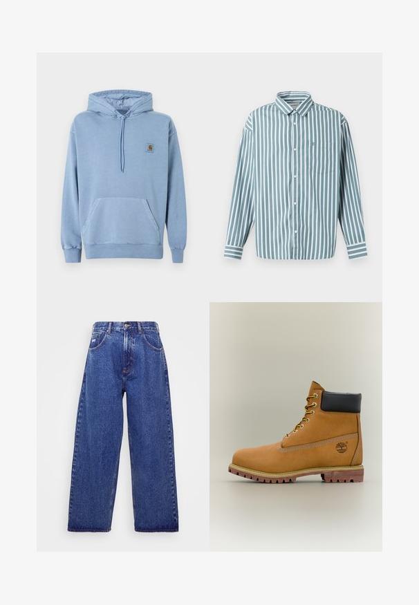 Sweat à capuche Carhartt bleu clair avec capuche à cordon, poche kangourou devant, poignets et ourlet côtelés, et une petite étiquette logo marron sur la poitrine.; Chemise boutonnée à rayures bleu clair et blanche, à manches longues, avec un col et une poche poitrine. Fabriquée en tissu tissé lisse.; Jean en denim bleu à larges jambes et taille haute, avec cinq poches, une fermeture à bouton et un léger délavage pour une texture.; Bottine en cuir marron avec col noir, lacets jaunes et semelle beige. Présente un logo et des détails de couture blanche. Semelle extérieure à traction robuste.
