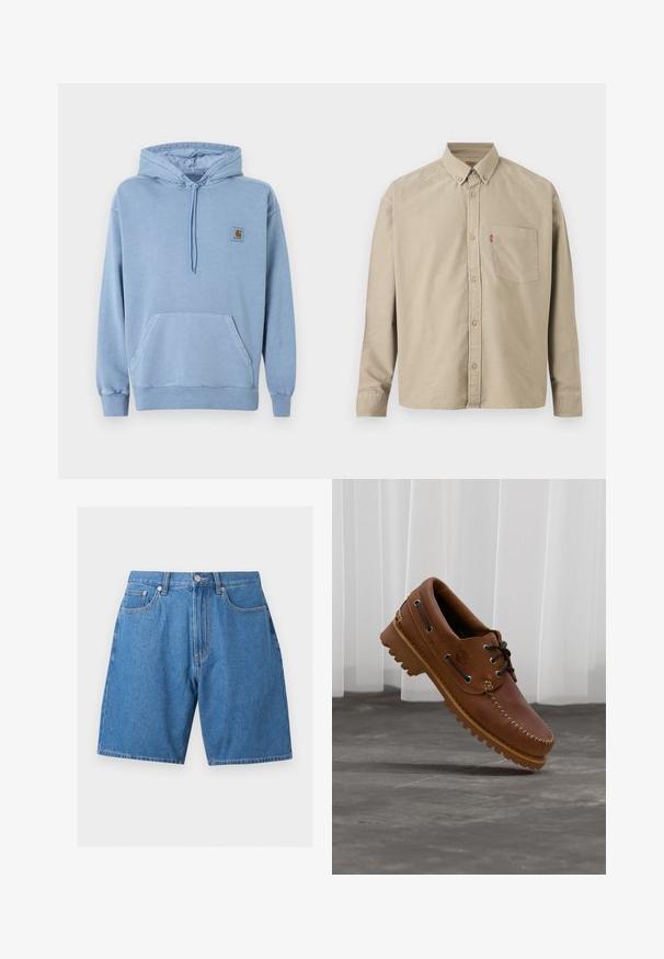 Ανοιχτό μπλε φούτερ Carhartt με κουκούλα και κορδόνι, μπροστινή τσέπη καγκουρό, ριμπ μανσέτες και τελείωμα, και ένα μικρό καφέ λογότυπο στο στήθος.; Μπεζ πουκάμισο μακρυμάνικο με κουμπιά, γιακά με κουμπί, τσέπη στο στήθος αριστερά και ορατή κόκκινη ετικέτα στη ραφή της τσέπης.; Μπλε τζιν σορτς με κούμπωμα με κουμπιά στο μπροστινό μέρος, θηλιές για ζώνη, δύο μπροστινές τσέπες και μία τσέπη για κέρματα, παρουσιασμένα σε λευκό φόντο.; Καφέ δερμάτινο παπούτσι τύπου boat με μαύρα κορδόνια, μπεζ ραφές και ανθεκτική σόλα, αιωρούμενο πάνω από γκρι τσιμεντόλιθο.