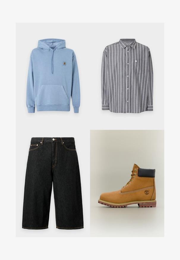 Sweat à capuche Carhartt bleu clair avec capuche à cordon, poche kangourou devant, poignets et ourlet côtelés, et une petite étiquette logo marron sur la poitrine.; Chemise grise à manches longues avec des rayures blanches verticales, boutonnée à l'avant, poche poitrine et col classique, étalée à plat sur fond blanc.; Shorts en denim noir jusqu'au genou avec poches avant, passants pour ceinture, fermeture par bouton et surpiqûres contrastantes jaunes.; Bottine en cuir marron avec col noir, lacets jaunes et semelle beige. Présente un logo et des détails de couture blanche. Semelle extérieure à traction robuste.