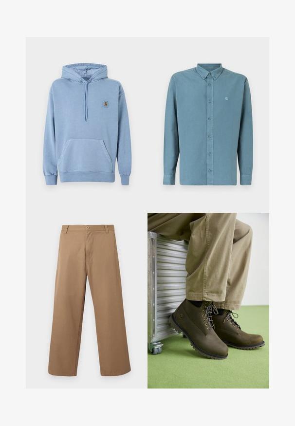 Sweat à capuche Carhartt bleu clair avec capuche à cordon, poche kangourou devant, poignets et ourlet côtelés, et une petite étiquette logo marron sur la poitrine.; Chemise bleu clair à manches longues, avec un col pointu et un petit logo sur la poitrine gauche. Fabriquée en tissu doux et lisse.; Pantalon beige à jambes larges avec passants pour ceinture, bouton sur le devant et fermeture éclair, présenté sur un fond clair uni.; Bottes chelsea en cuir marron avec des bouts ronds, des lacets gris, des œillets renforcés et des semelles en caoutchouc texturé, assorties à un pantalon beige clair.
