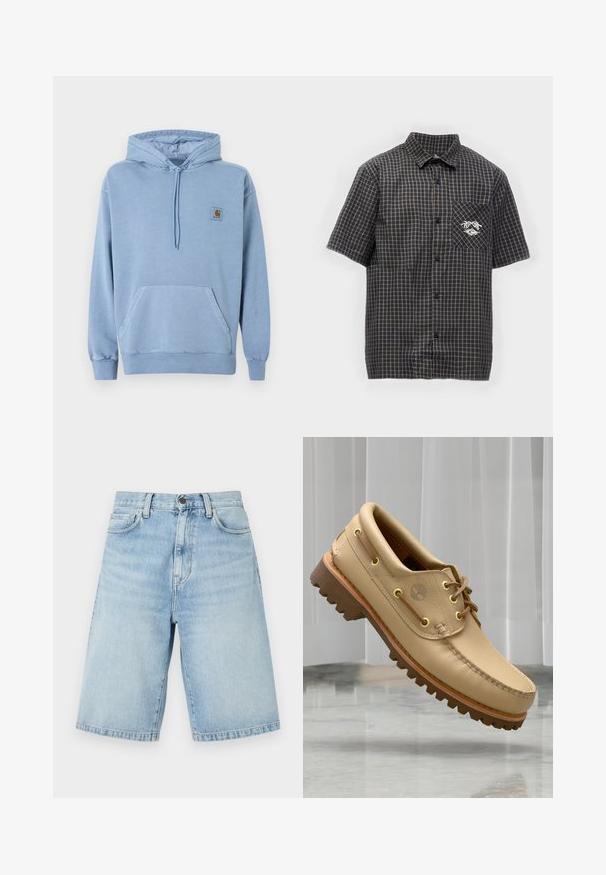 Ανοιχτό μπλε φούτερ Carhartt με κουκούλα και κορδόνι, μπροστινή τσέπη καγκουρό, ριμπ μανσέτες και τελείωμα, και ένα μικρό καφέ λογότυπο στο στήθος.; Πουκάμισο με κοντά μανίκια και κουμπιά, μαύρο και γκρι καρό σχέδιο και μικρό λογότυπο στην αριστερή τσέπη στο στήθος.; Ανοικτό μπλε τζιν σορτς μήκους μέχρι το γόνατο με μπροστινές τσέπες, θηλιές για ζώνη και κούμπωμα με κουμπί.; Ένα ανοιχτό καφέ δερμάτινο ναυτικό παπούτσι με παχύ, ραβδωτό πάτο και λεπτομέρειες από κορδόνια, που αιωρείται πάνω από ένα μαρμάρινο δάπεδο με φόντο λευκές κατακόρυφες περσίδες.