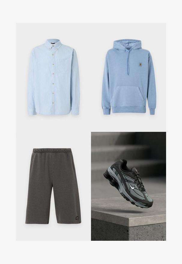 Sweat à capuche Carhartt bleu clair avec capuche à cordon, poche kangourou devant, poignets et ourlet côtelés, et une petite étiquette logo marron sur la poitrine.; Chemise bleu clair à manches longues avec rayures verticales blanches, bleues et beiges, col à boutons, poche poitrine et boutons beiges.; Shorts gris foncé longueur genou avec taille élastique et poches latérales, comportant un petit logo de marque près de l'ourlet inférieur sur une jambe.; Baskets athlétiques grises et noires avec panneaux en mesh et semelle épaisse, positionnées en plein air au-dessus d'un rebord en béton avec des escaliers en arrière-plan.