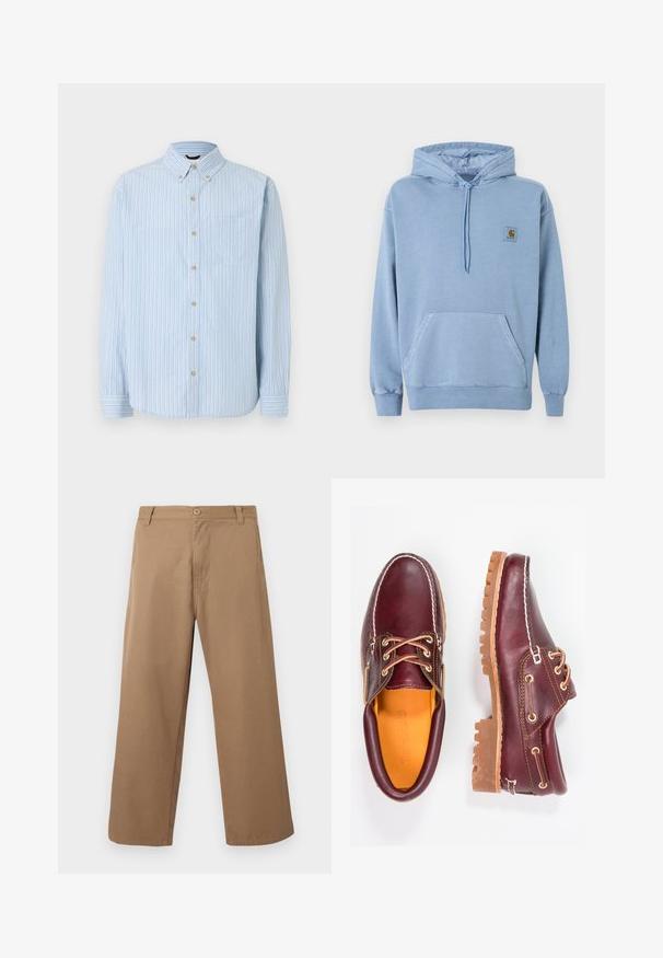 Ανοιχτό μπλε φούτερ Carhartt με κουκούλα και κορδόνι, μπροστινή τσέπη καγκουρό, ριμπ μανσέτες και τελείωμα, και ένα μικρό καφέ λογότυπο στο στήθος.; Ανοιχτό μπλε πουκάμισο με μακριά μανίκια και κουμπιά, με κάθετες λευκές, μπλε και μπεζ ρίγες, γιακά με κουμπιά, τσέπη στο στήθος και μπεζ κουμπιά.; Μπεζ παντελόνι φαρδιάς γραμμής με θηλιές για ζώνη, κουμπί στο μπροστινό μέρος και φερμουάρ, εμφανιζόμενο μπροστά σε απλό φωτεινό φόντο.; Μπορντώ δερμάτινα παπούτσια με καφέ ελαστικές σόλες, στρογγυλή μύτη, λευκή ραφή και χρυσές τρύπες κορδονιών. Η εσωτερική επένδυση διαθέτει κίτρινη φόδρα.