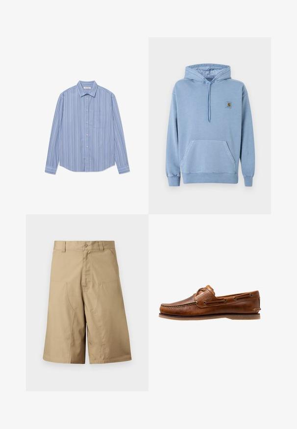 Lichtblauwe Carhartt hoodie met capuchon en trekkoorden, frontzak in kangoeroestijl, geribbelde manchetten en zoom, en een klein bruin logoplaatje op de borst.; Lange mouwen knoop shirt in lichtblauw met verticale strepen. Voorzien van een puntige kraag en een borstzak. Gemaakt van een gladde stof.; Khaki shorts met een rechte pasvorm, gemaakt van lichtgewicht stof, voorzien van twee zakken aan de voorkant en een knoopsluiting in de taille.; Brown leren botenschoen met gestikte accenten, voorzien van metalen oogjes, een verhoogde naad op de neus en een platte rubberen zool.