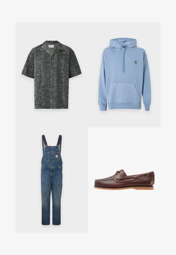 Ανοιχτό μπλε φούτερ Carhartt με κουκούλα και κορδόνι, μπροστινή τσέπη καγκουρό, ριμπ μανσέτες και τελείωμα, και ένα μικρό καφέ λογότυπο στο στήθος.; Πουκάμισο με κοντά μανίκια σε γκρι τόνους με μοτίβο φολιδωτού δέρματος φιδιού, κατασκευασμένο από ελαφρύ ύφασμα, με γιακά και εμπρόσθιο κούμπωμα με κουμπιά.; Τζιν μπλε ολόσωμη φόρμα με ρυθμιζόμενους μαύρους ιμάντες ώμου, μπροστινή τσέπη στο στήθος με λογότυπο και πλαϊνές τσέπες, ακουμπισμένη επίπεδη σε λευκό φόντο.; Καφέ δερμάτινο παπούτσι για ιστιοπλοΐα με λευκά ραφές, λεπτομέρειες κορδονιών και ταμπά λαστιχένια σόλα, εμφανιζόμενο από το πλάι σε λευκό φόντο.