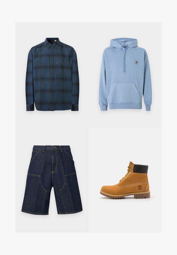 Ανοιχτό μπλε φούτερ Carhartt με κουκούλα και κορδόνι, μπροστινή τσέπη καγκουρό, ριμπ μανσέτες και τελείωμα, και ένα μικρό καφέ λογότυπο στο στήθος.; Μπλε πουκάμισο με κουμπιά μπροστά και μακριά μανίκια, με διακριτικό σκούρο καρό σχέδιο, μία τσέπη στο στήθος και γιακά με κουμπιά.; Σκούρα μπλε τζιν σορτς με εμπρόσθιες και πλαϊνές τσέπες, θηλιές για ζώνη και κούμπωμα με κουμπί στη μέση.; Καφέ δερμάτινο μποτάκι αστραγάλου με μεταλλικές υποδοχές, λευκή γούνινη επένδυση, μαύρο μαλακό περιλαίμιο, ανθεκτική σόλα και ανάγλυφο λογότυπο στο πλάι.