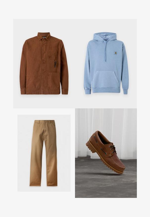 Sweat à capuche Carhartt bleu clair avec capuche à cordon, poche kangourou devant, poignets et ourlet côtelés, et une petite étiquette logo marron sur la poitrine.; Veste marron en toile avec col, boutons sur le devant, deux poches plaquées à l'avant et un petit logo sur la poche inférieure.; Pantalon droit marron kaki avec passants pour ceinture, fermeture par bouton et poches avant, présenté sur fond blanc.; Chaussure de bateau en cuir marron avec des lacets noirs, des coutures beiges et une semelle robuste, suspendue au-dessus d'un sol en béton gris.