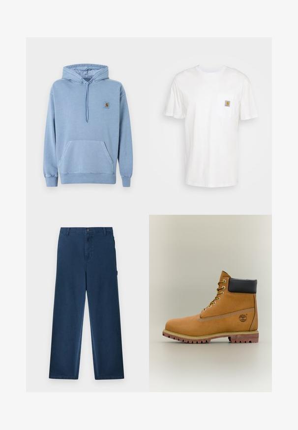 Ανοιχτό μπλε φούτερ Carhartt με κουκούλα και κορδόνι, μπροστινή τσέπη καγκουρό, ριμπ μανσέτες και τελείωμα, και ένα μικρό καφέ λογότυπο στο στήθος.; Λευκό βαμβακερό T-shirt με κοντά μανίκια, τσέπη στο στήθος και ένα μικρό τετράγωνο λογότυπο σε πορτοκαλί και λευκό στην τσέπη.; Μπλε ναυτικό παντελόνι από κορδόνι με ίσια γραμμή, θηλιές για ζώνη, κουμπί μπροστά, κλείσιμο με φερμουάρ και πλαϊνές τσέπες.; Καφέ δερμάτινο μποτάκι αστραγάλου με μαύρο γιακά, κίτρινα κορδόνια και ταμπά σόλα. Διαθέτει λογότυπο και λευκή ραφή για λεπτομέρεια. Ανθεκτική εξωτερική σόλα με τραχύ πέλμα.