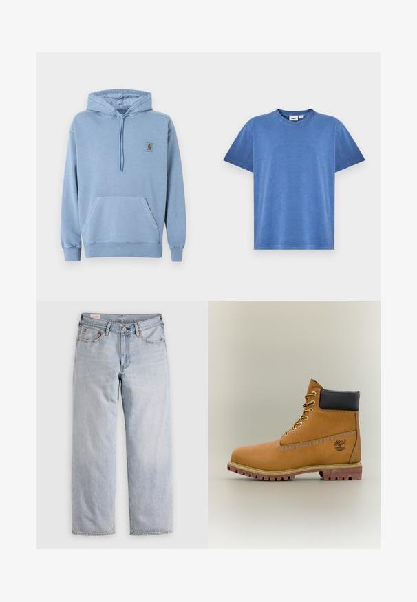 Sudadera con capucha Carhartt azul claro, con cordón en la capucha, bolsillo tipo canguro en el frente, puños y dobladillo acanalados, y un pequeño parche de logo marrón en el pecho.; Camiseta de algodón azul con cuello redondo, mangas cortas y un ajuste relajado. Presenta una textura suave y costuras mínimas.; Jeans rectos azul claro con cintura alta, cierre de botón y bolsillos delanteros y traseros, exhibidos sobre una superficie plana.; Bota de tobillo de cuero marrón con cuello negro, cordones amarillos y suela beige. Presenta un logotipo y detalles de costura blanca. Suela exterior con tracción robusta.