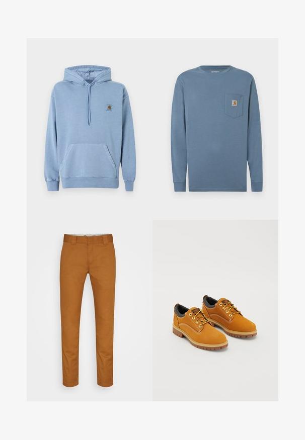 Sudadera con capucha Carhartt azul claro, con cordón en la capucha, bolsillo tipo canguro en el frente, puños y dobladillo acanalados, y un pequeño parche de logo marrón en el pecho.; Camisa de algodón azul de manga larga con cuello redondo, bolsillo en el pecho izquierdo y parche con el logotipo de Carhartt. Textura suave, dobladillo recto y mangas ajustadas.; Pantalones de algodón marrones con corte recto, bolsillos frontales y una textura limpia y suave. Presentan trabillas para cinturón y detalles de costura discretos.; Zapatos de ante marrón con punta redonda, cordones amarillos, un collar acolchado negro y suelas de goma con surcos de tracción.