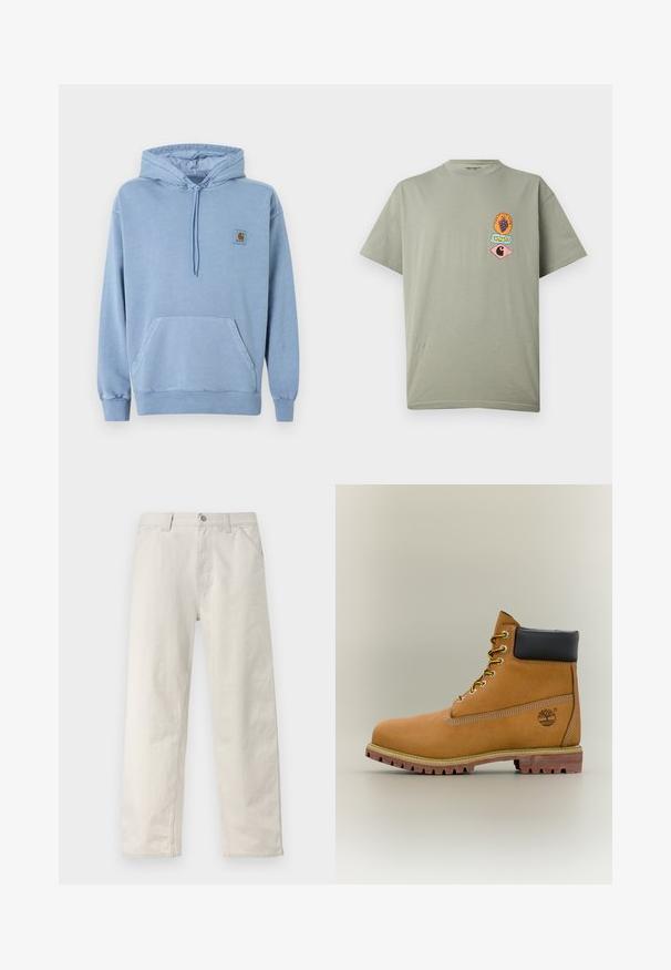 Ανοιχτό μπλε φούτερ Carhartt με κουκούλα και κορδόνι, μπροστινή τσέπη καγκουρό, ριμπ μανσέτες και τελείωμα, και ένα μικρό καφέ λογότυπο στο στήθος.; Ανοιχτό γκρι κοντομάνικη μπλούζα με τρία μικρά πολύχρωμα γραφικά μπαλώματα στο αριστερό στήθος, συμπεριλαμβανομένων σταφυλιών και των λογότυπων Carhartt.; Ανοιχτό μπεζ παντελόνι ίσιας γραμμής με διακριτικές κάθετες ρίγες, κλείσιμο με κουμπιά μπροστά, θηλιές για ζώνη και πλαϊνές τσέπες.; Καφέ δερμάτινο μποτάκι αστραγάλου με μαύρο γιακά, κίτρινα κορδόνια και ταμπά σόλα. Διαθέτει λογότυπο και λευκή ραφή για λεπτομέρεια. Ανθεκτική εξωτερική σόλα με τραχύ πέλμα.