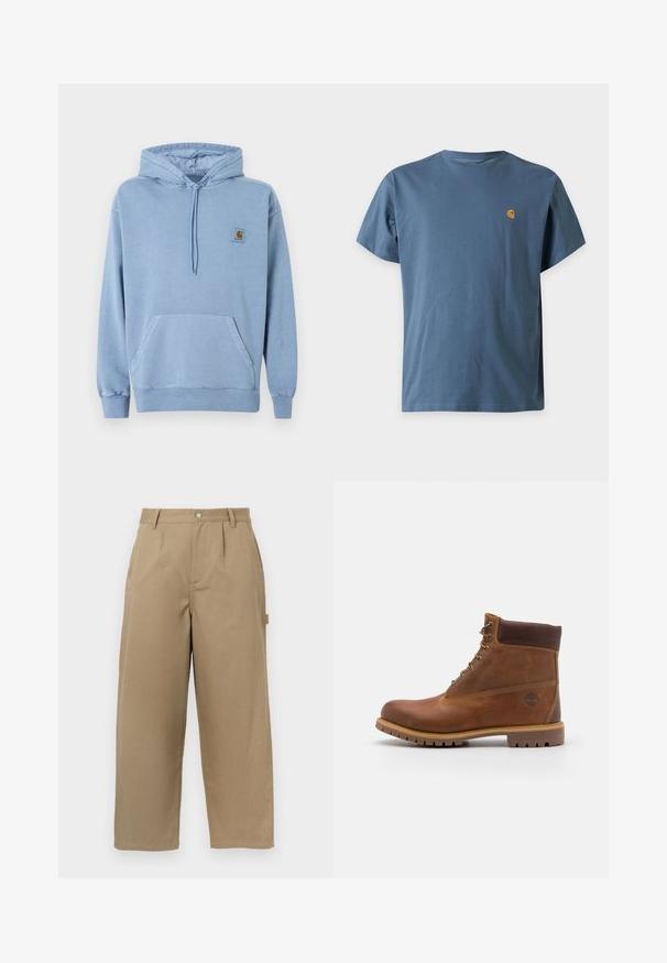 Ανοιχτό μπλε φούτερ Carhartt με κουκούλα και κορδόνι, μπροστινή τσέπη καγκουρό, ριμπ μανσέτες και τελείωμα, και ένα μικρό καφέ λογότυπο στο στήθος.; Μπλε T-shirt Carhartt με κοντά μανίκια και μικρό κίτρινο λογότυπο στην αριστερή πλευρά του στήθους, εμφανίζεται σε λευκό φόντο.; Μπεζ παντελόνι με φαρδιά πόδια από μείγμα βαμβακιού, με ψηλή μέση, πτυχώσεις μπροστά και δύο πλευρικές τσέπες με κλείσιμο κουμπιού.; Καφέ δερμάτινο μποτάκι πεζοπορίας με λείο φινίρισμα, επενδεδυμένο αστράγαλο, μεταλλικές θηλιές και ελαστική σόλα που διαθέτει ρουστίκ μοτίβο.