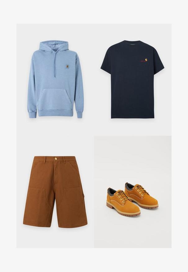 Ανοιχτό μπλε φούτερ Carhartt με κουκούλα και κορδόνι, μπροστινή τσέπη καγκουρό, ριμπ μανσέτες και τελείωμα, και ένα μικρό καφέ λογότυπο στο στήθος.; Μπλε ναυτικό βαμβακερό μπλουζάκι με κοντά μανίκια και στρογγυλή λαιμόκοψη. Διαθέτει ένα μικρό λογότυπο Carhartt σε πορτοκαλί και κόκκινο στο αριστερό στήθος.; Καφέ σορτς μήκους μέχρι το γόνατο με μπροστινές τσέπες, θηλιές για ζώνη και κλείσιμο με ορειχάλκινο κουμπί, εμφανιζόμενα σε λευκό φόντο.; Καφέ σουέτ παπούτσια με στρογγυλή μύτη, κίτρινες κορδόνες, μαξιλαρένιο μαύρο κολάρο και ελαστικές σόλες με αυλακώσεις για πρόσφυση.
