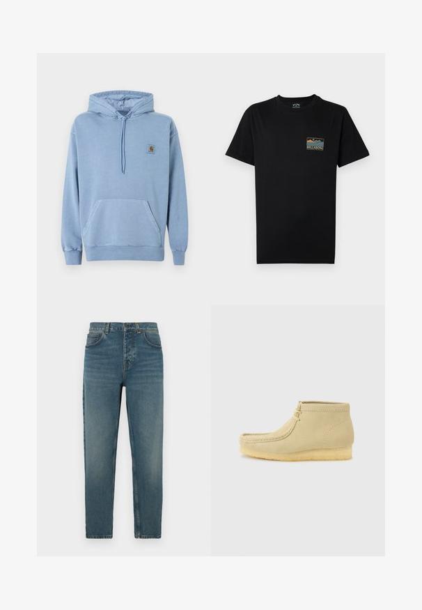 Ανοιχτό μπλε φούτερ Carhartt με κουκούλα και κορδόνι, μπροστινή τσέπη καγκουρό, ριμπ μανσέτες και τελείωμα, και ένα μικρό καφέ λογότυπο στο στήθος.; Μαύρο κοντομάνικο T-shirt με μικρό πολύχρωμο γραφικό βουνού και ωκεανού και το κείμενο "BILLABONG Adventure division" στο αριστερό στήθος.; Μπλε τζιν παντελόνι με ευθεία γραμμή ποδιού, ξεθωριασμένη υφή, σχεδιασμό με πέντε τσέπες και μεταλλικό κουμπί στο ύψος της μέσης.; Μοκασίνι μπεζ σουέτ μέχρι τον αστράγαλο με σόλα από κρέπα και κορδόνια στο μπροστινό μέρος, τοποθετημένο σε απλό ανοιχτό γκρι φόντο.