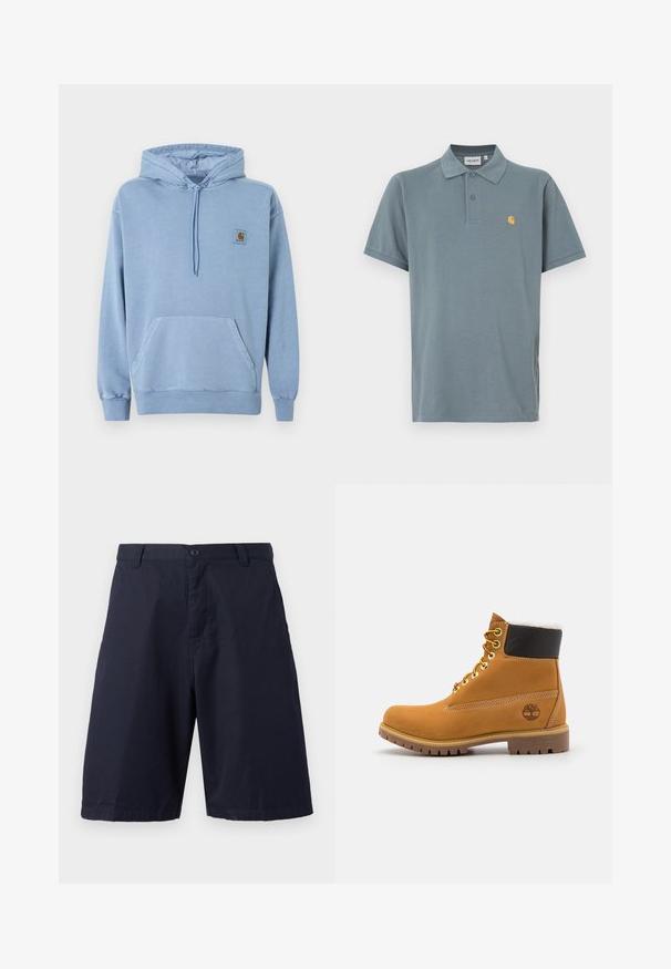 Ανοιχτό μπλε φούτερ Carhartt με κουκούλα και κορδόνι, μπροστινή τσέπη καγκουρό, ριμπ μανσέτες και τελείωμα, και ένα μικρό καφέ λογότυπο στο στήθος.; Κοντομάνικο πόλο σε σβηστό μπλε χρώμα, κατασκευασμένο από βαμβάκι. Διαθέτει τριών κουμπιών πατιλέτα και μικρό κίτρινο λογότυπο στο αριστερό στήθος.; Σοσόνια σε σκούρο μπλε χρώμα μέχρι το γόνατο με κουμπωτό κλείσιμο, θηλιές για ζώνη και ίσια παντελονόποδα σε μονόχρωμο λευκό φόντο.; Καφέ δερμάτινο μποτάκι αστραγάλου με μεταλλικές υποδοχές, λευκή γούνινη επένδυση, μαύρο μαλακό περιλαίμιο, ανθεκτική σόλα και ανάγλυφο λογότυπο στο πλάι.