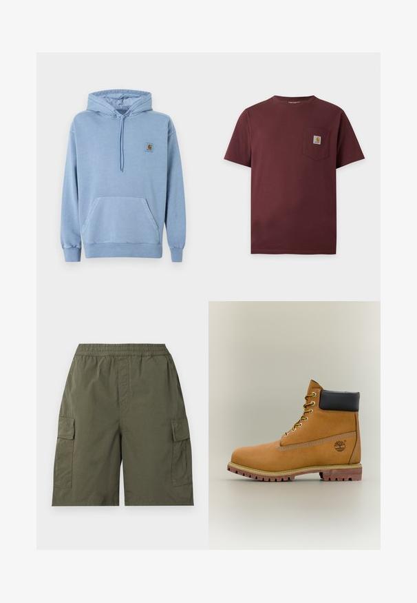 Ανοιχτό μπλε φούτερ Carhartt με κουκούλα και κορδόνι, μπροστινή τσέπη καγκουρό, ριμπ μανσέτες και τελείωμα, και ένα μικρό καφέ λογότυπο στο στήθος.; Σκούρο καφέ κοντομάνικο μπλουζάκι με τσέπη στο στήθος που έχει μικρό λογότυπο Carhartt.; Χακί cargo σορτς με ελαστική μέση και τσέπες με καπάκι και στις δύο πλευρές, κατασκευασμένο από ελαφρύ ύφασμα.; Καφέ δερμάτινο μποτάκι αστραγάλου με μαύρο γιακά, κίτρινα κορδόνια και ταμπά σόλα. Διαθέτει λογότυπο και λευκή ραφή για λεπτομέρεια. Ανθεκτική εξωτερική σόλα με τραχύ πέλμα.
