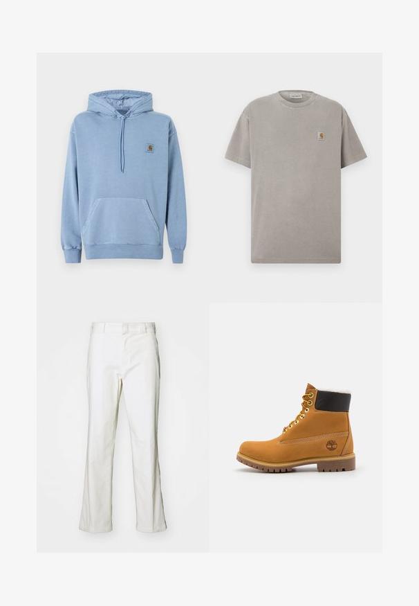 Sweat à capuche Carhartt bleu clair avec capuche à cordon, poche kangourou devant, poignets et ourlet côtelés, et une petite étiquette logo marron sur la poitrine.; T-shirt en coton gris à manches courtes, col rond, avec une petite écusson carré sur le côté gauche de la poitrine. Texture lisse et coupe décontractée.; Pantalons en coton blanc avec une coupe droite, dotés d'une taille et de poches standard. Le tissu semble lisse et légèrement texturé.; Bottine en cuir brun avec œillets en métal, doublure en fourrure blanche, col rembourré noir, semelle robuste et logo en relief sur le côté.