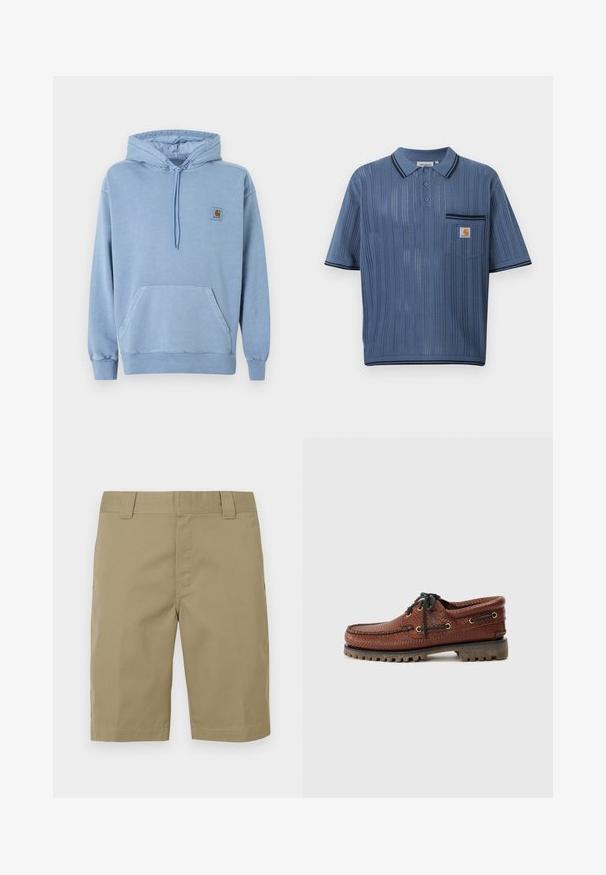 Sweat à capuche Carhartt bleu clair avec capuche à cordon, poche kangourou devant, poignets et ourlet côtelés, et une petite étiquette logo marron sur la poitrine.; Polo en maille bleu avec rayures verticales ajourées, patte de boutonnage à trois boutons, poche poitrine avec logo Carhartt et bordures noires sur le col et les manches.; Shorts en coton kaki avec devant plat, passants pour ceinture et deux poches latérales. Le tissu est lisse avec une finition mate et sans motifs visibles.; Bateau en cuir marron avec une tige texturée, fermeture lacée noire et œillets dorés. Dispose d'une semelle en caoutchouc durcie et striée.