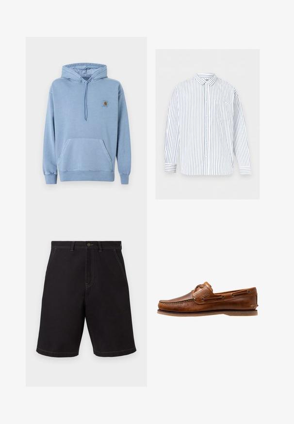 Lichtblauwe Carhartt hoodie met capuchon en trekkoorden, frontzak in kangoeroestijl, geribbelde manchetten en zoom, en een klein bruin logoplaatje op de borst.; Wit overhemd met lange mouwen en knopen, voorzien van blauwe verticale strepen en een borstzak, weergegeven op een effen lichtgrijze achtergrond.; Zwarte knielange shorts met voorzakken, lussen voor een riem en zichtbare witte stiksels op een lichte achtergrond.; Brown leren botenschoen met gestikte accenten, voorzien van metalen oogjes, een verhoogde naad op de neus en een platte rubberen zool.