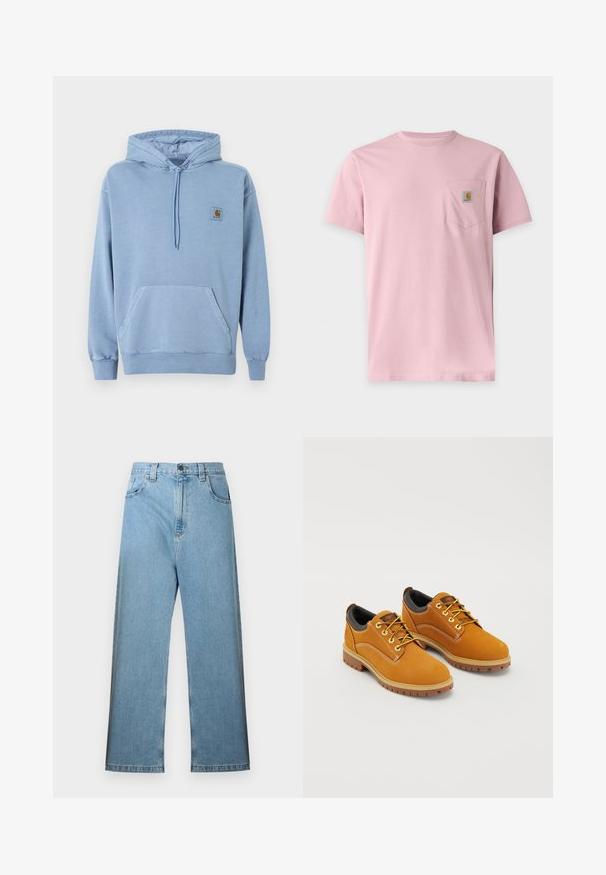 Ανοιχτό μπλε φούτερ Carhartt με κουκούλα και κορδόνι, μπροστινή τσέπη καγκουρό, ριμπ μανσέτες και τελείωμα, και ένα μικρό καφέ λογότυπο στο στήθος.; Απλή ροζ κοντομάνικη μπλούζα με τσέπη στο στήθος που έχει μικρό ορθογώνιο λογότυπο Carhartt.; Φωτεινό γαλάζιο τζιν με ψηλή μέση, φαρδιά γραμμή, θηλιές για ζώνη και πέντε τσέπες. Το ύφασμα έχει λεία υφή με ελάχιστο ξεθώριασμα.; Καφέ σουέτ παπούτσια με στρογγυλή μύτη, κίτρινες κορδόνες, μαξιλαρένιο μαύρο κολάρο και ελαστικές σόλες με αυλακώσεις για πρόσφυση.