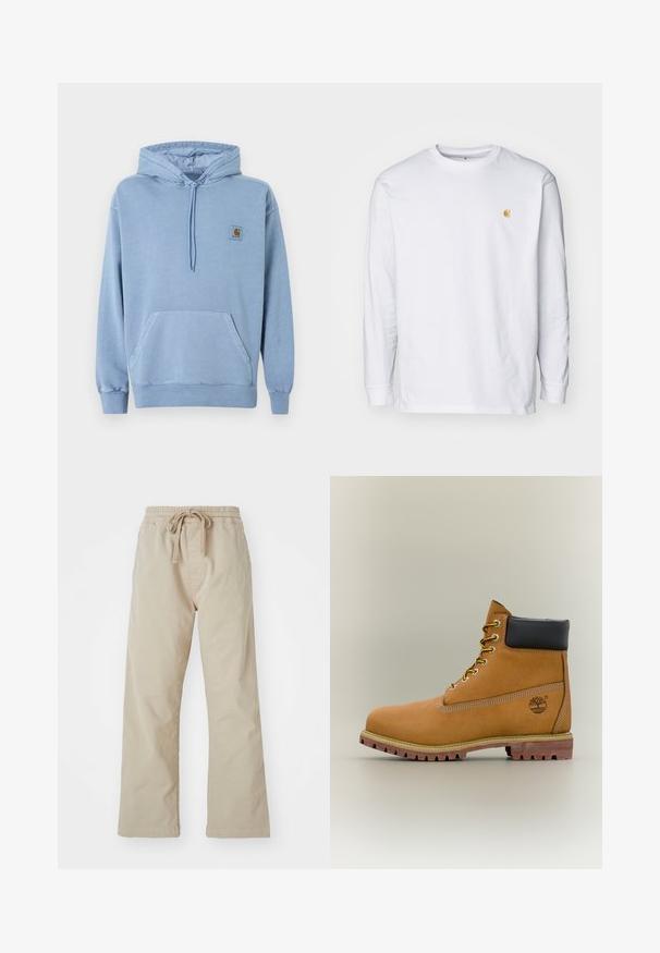 Lyseblå Carhartt-hoodie med snørre i hætten, frontlomme i kængurustil, ribstrikkede manchetter og kant samt en lille brun logo-patch på brystet.; Hvid langærmet t-shirt lavet af bomuld. Har et lille gyldent logo på brystet og en rund halsudskæring. Enkel design og standard pasform.; Beige bomuldsbukser med elastisk talje og snoretræk. Lige ben-design, glat stof og ingen synlige mønstre eller detaljer.; Brun læderankelstøvle med sort krave, gule snørebånd og tanfarvet sål. Har logo og hvide syninger som detalje. Robust ydersål med greb.