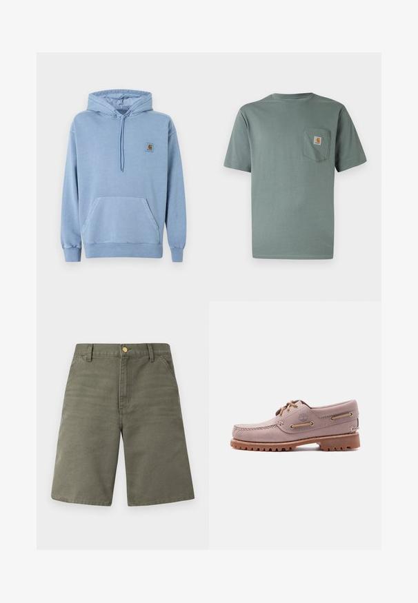 Sweat à capuche Carhartt bleu clair avec capuche à cordon, poche kangourou devant, poignets et ourlet côtelés, et une petite étiquette logo marron sur la poitrine.; T-shirt vert clair à manches courtes en coton avec une poche poitrine ornée d'un écusson logo. Texture douce et col rond classique.; Shorts mi-longueur couleur vert olive avec poches avant, passants pour ceinture et fermeture par un bouton doré sur un fond clair uni.; Chaussure bateau en cuir marron clair avec surpiqûres sur le bout mocassin, lacets en cuir, logo Timberland et semelle en caoutchouc résistante, présentée sur fond blanc.