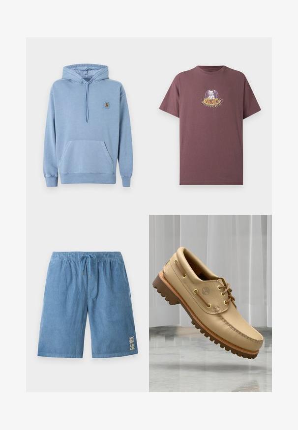 Sweat à capuche Carhartt bleu clair avec capuche à cordon, poche kangourou devant, poignets et ourlet côtelés, et une petite étiquette logo marron sur la poitrine.; T-shirt à manches courtes mauve foncé avec un personnage de chauve-souris dessin animé blanc assis sur une forme de soleil jaune avec le texte "Volcom" au centre.; Short en velours côtelé bleu avec taille élastique et cordon, présentant une petite broderie de soleil et de vague sur la partie inférieure gauche de la jambe.; Chaussure bateau en cuir marron clair avec semelle épaisse et striée et détails de lacets, flottant au-dessus d'un sol en marbre et d'un fond de stores verticaux blancs.