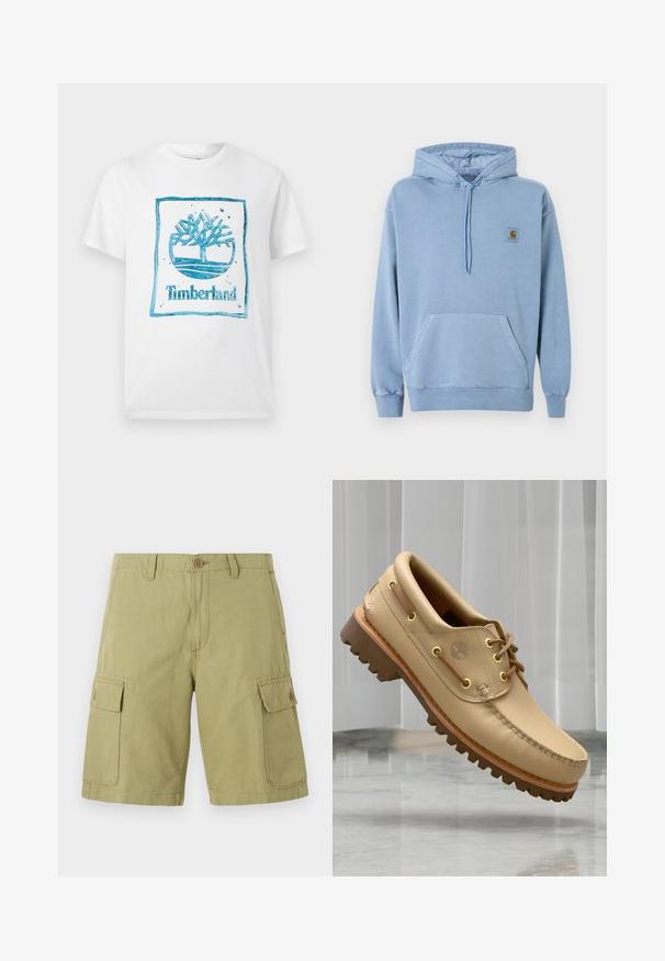 Ανοιχτό μπλε φούτερ Carhartt με κουκούλα και κορδόνι, μπροστινή τσέπη καγκουρό, ριμπ μανσέτες και τελείωμα, και ένα μικρό καφέ λογότυπο στο στήθος.; Λευκό κοντομάνικο μπλουζάκι με μπλε υφασμένο λογότυπο δέντρου Timberland και το όνομα της μάρκας στο κέντρο μπροστά.; Ανοιχτό χακί cargo σόρτς με κλείσιμο με κουμπί, θηλιές για ζώνη και δύο μεγάλες τσέπες με καπάκι και κουμπί σε κάθε μηρό.; Ένα ανοιχτό καφέ δερμάτινο ναυτικό παπούτσι με παχύ, ραβδωτό πάτο και λεπτομέρειες από κορδόνια, που αιωρείται πάνω από ένα μαρμάρινο δάπεδο με φόντο λευκές κατακόρυφες περσίδες.