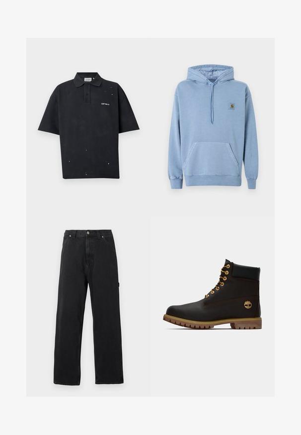 Ανοιχτό μπλε φούτερ Carhartt με κουκούλα και κορδόνι, μπροστινή τσέπη καγκουρό, ριμπ μανσέτες και τελείωμα, και ένα μικρό καφέ λογότυπο στο στήθος.; Μαύρο πόλο με κοντά μανίκια, γιακά, τρία κουμπιά, λευκά νερομπογιές και λευκό λογότυπο "Carhartt" στο αριστερό στήθος.; Μαύρα τζιν με ίσια γραμμή, μπροστινές τσέπες, θηλιές ζώνης, κλείσιμο με κουμπί και ορατές ραφές σε απλό φόντο.; Μαύρη δερμάτινη αστράγαλοι μποτάκι με χρυσά μάτια, καφέ λεπτομέρειες και ελαστική σόλα. Διαθέτει επενδεδυμένο κολάρο και ανάγλυφο λογότυπο στη πλευρά.