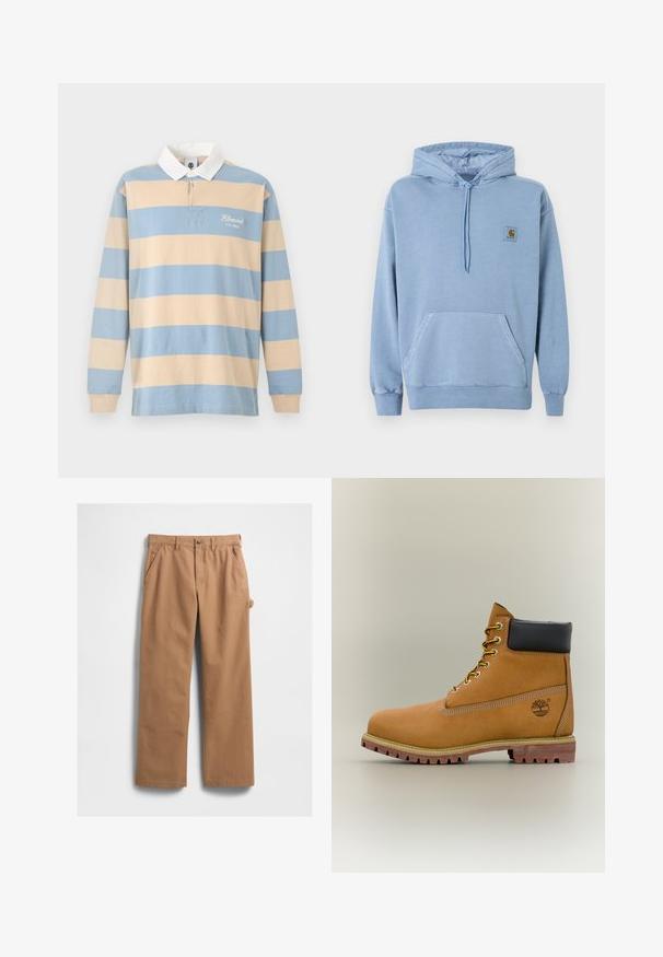 Sweat à capuche Carhartt bleu clair avec capuche à cordon, poche kangourou devant, poignets et ourlet côtelés, et une petite étiquette logo marron sur la poitrine.; Maillot de rugby à manches longues avec larges rayures horizontales beige et bleu clair, col blanc et texte "Element Co. 1992" sur la poitrine.; Pantalon en coton beige à coupe droite, avec poches latérales et une poche à outils sur le côté. La texture du tissu est lisse et solide.; Bottine en cuir marron avec col noir, lacets jaunes et semelle beige. Présente un logo et des détails de couture blanche. Semelle extérieure à traction robuste.