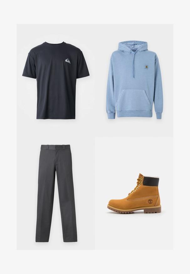 Hellblauer Carhartt-Hoodie mit Kapuze und Kordelzug, Kängurutasche vorne, gerippten Bündchen und Saum sowie einem kleinen braunen Logo-Patch auf der Brust.; Schwarzes T-Shirt mit kurzen Ärmeln aus einem glatten Stoff, mit einem kleinen weißen Logo auf der linken Brustseite. Reguläre Passform mit Rundhalsausschnitt.; Grau farbene Hosen aus glattem Stoff, mit geradem Bein, Knopfverschluss und Gürtelschlaufen; minimale Nähte und ohne Muster.; Braune Leder-Ankle-Boots mit Metallösen, weißem Kunstfellfutter, schwarzem gepolstertem Kragen, robustem Sohlenprofil und geprägtem Logo an der Seite.