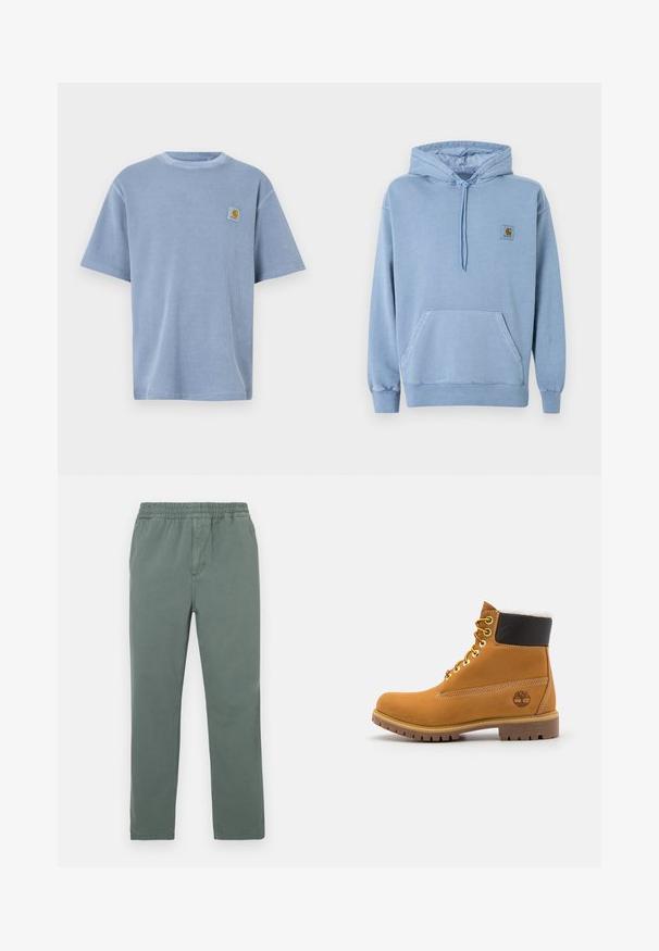 Ανοιχτό μπλε φούτερ Carhartt με κουκούλα και κορδόνι, μπροστινή τσέπη καγκουρό, ριμπ μανσέτες και τελείωμα, και ένα μικρό καφέ λογότυπο στο στήθος.; Ανοιχτό μπλε κοντομάνικο μπλουζάκι με υφή ριμπ και κεντημένο λογότυπο στο αριστερό στήθος. Στρογγυλή λαιμόκοψη.; Παντελόνια από πράσινο βαμβακερό μείγμα με ελαστική μέση, σχέδιο με ίσια μπατζάκια και διακριτική υφή. Διαθέτουν πλαϊνές τσέπες και κεντρική ραφή.; Καφέ δερμάτινο μποτάκι αστραγάλου με μεταλλικές υποδοχές, λευκή γούνινη επένδυση, μαύρο μαλακό περιλαίμιο, ανθεκτική σόλα και ανάγλυφο λογότυπο στο πλάι.