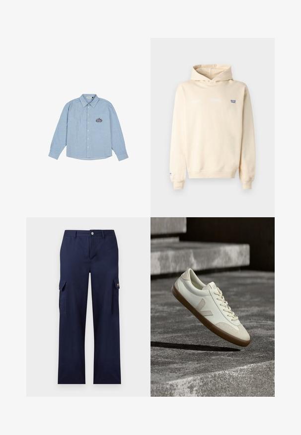 Sweat à capuche beige à manches longues, avec poignets et ourlet côtelés, et petit texte imprimé sur la poitrine et la manche gauche.; Chemise rayée bleu clair, à manches longues, boutonnière à l'avant et col pointu. Présente un design brodé sur le côté gauche.; Pantalon cargo bleu marine à jambe droite avec poches à rabat latérales, passants de ceinture, et fermeture avant par bouton et fermeture éclair.; Baskets en cuir blanc avec semelle en caoutchouc beige, lacets plats et accent en forme de V sur le côté. Présentent une surface lisse et peu de détails de couture.