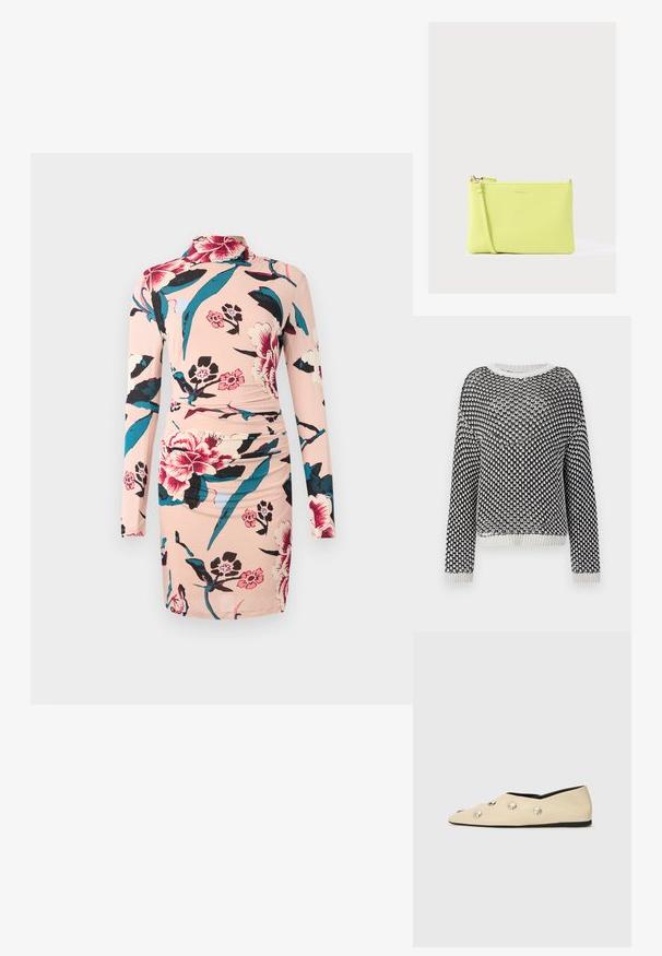 Schwarz-weiß gestrickter Pullover mit strukturiertem Muster, rundem Ausschnitt und langen Ärmeln. Gerippter Saum und Bündchen in kontrastierenden Farben.; Diane von Furstenberg AMY DRESS - Freizeitkleid - light pink; CLOSED Klassischer Ballerina - ecru; Hellegelbe Lederclutch mit strukturierter Oberfläche, ausgestattet mit Reißverschluss, abnehmbarem Riemen und dezentem Branding auf der Vorderseite.