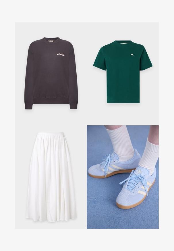 Donkergrijze crewneck sweater met lange mouwen en een klein wit "ellesse" logo op de linkerborst.; Donkergroen T-shirt met korte mouwen en ronde hals, met een klein wit halve cirkel-logo op de linkerborst, tegen een effen lichte achtergrond.; Witte lange rok met geplooide tailleband en vloeiende stof, plat uitgestald tegen een lichte achtergrond.; Lichtblauwe suède sneakers met witte strepen, platte veters en een gumrubberen zool. Geribbelde witte sokken worden boven de enkel gedragen.