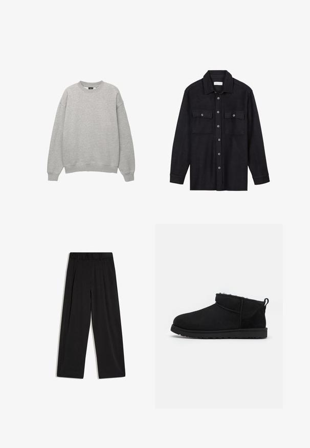 Sweat-shirt gris clair col rond, manches longues, poignets et bas côtelés, présenté sur fond blanc.; Veste-chemise en laine noire avec un col pointu, une fermeture à boutons sur le devant et deux poches poitrine. Dotée de boutons ton sur ton et d'une coupe décontractée.; Pantalon noir taille haute à jambes larges avec une ceinture élastique et sans poches visibles ni ornements.; Bottines noires en daim avec une doublure douce et texturée, une semelle en caoutchouc basse et une languette à l'arrière pour un enfilage facile.