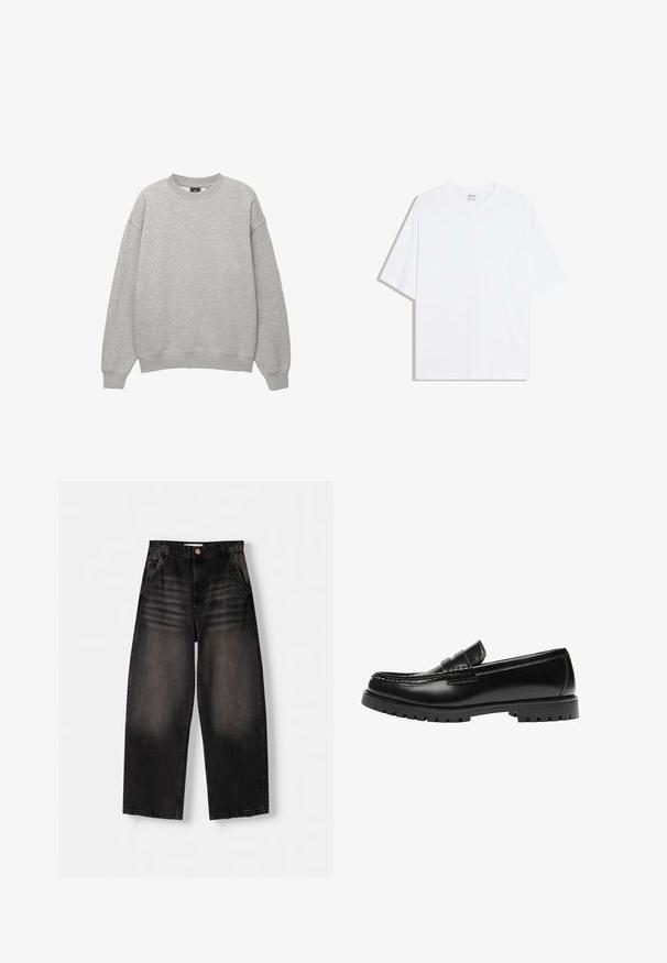 Sweat-shirt gris clair col rond, manches longues, poignets et bas côtelés, présenté sur fond blanc.; T-shirt oversize en coton blanc avec un col rond et des manches courtes ; texture lisse, sans motifs ni accents visibles.; Jeans en denim noir à jambe large avec un design délavé, dotés de cinq poches, d'une fermeture à bouton et de détails de whiskering subtils sur le devant.; Mocassin en cuir noir avec une semelle en caoutchouc épaisse et un détail classique de bride à monnaie, vu de côté extérieur.