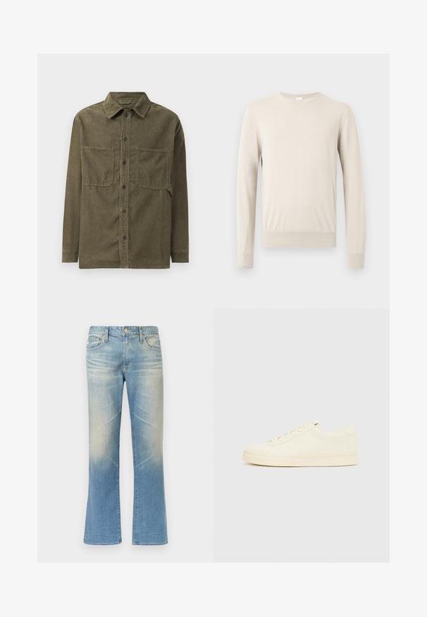 Beige trui met lange mouwen en ronde hals, voorzien van geribbelde manchetten en zoom, getoond tegen een effen lichte achtergrond.; Olijfgroene corduroy shirt-jack met een puntige kraag, een voorste knoopsluiting en twee borstzakken met klep.; Lichtblauwe denim flared jeans met een vervaagde finish, vijfzakkenontwerp, metalen knoopsluiting en rechte zoom.; Slofkleurige sneaker met een glad leren bovenwerk, ronde neus, vetersluiting en een geribbelde rubberen zool. Minimalistisch ontwerp, zonder logo's.